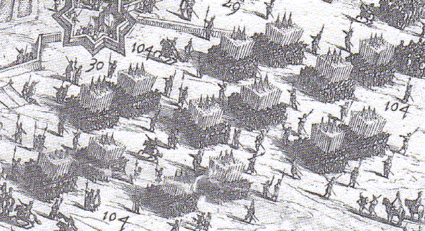 Fransk infanteri uppställda enligt den holländska skolan under belägringen av La Rochelle 1628.