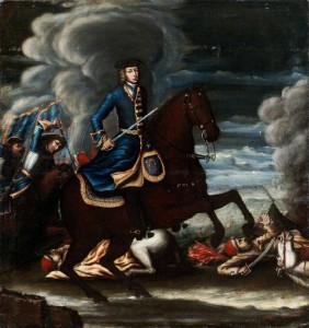 Karl XII med harnesk under rocken framför ryttare med harnesk utanför rocken.